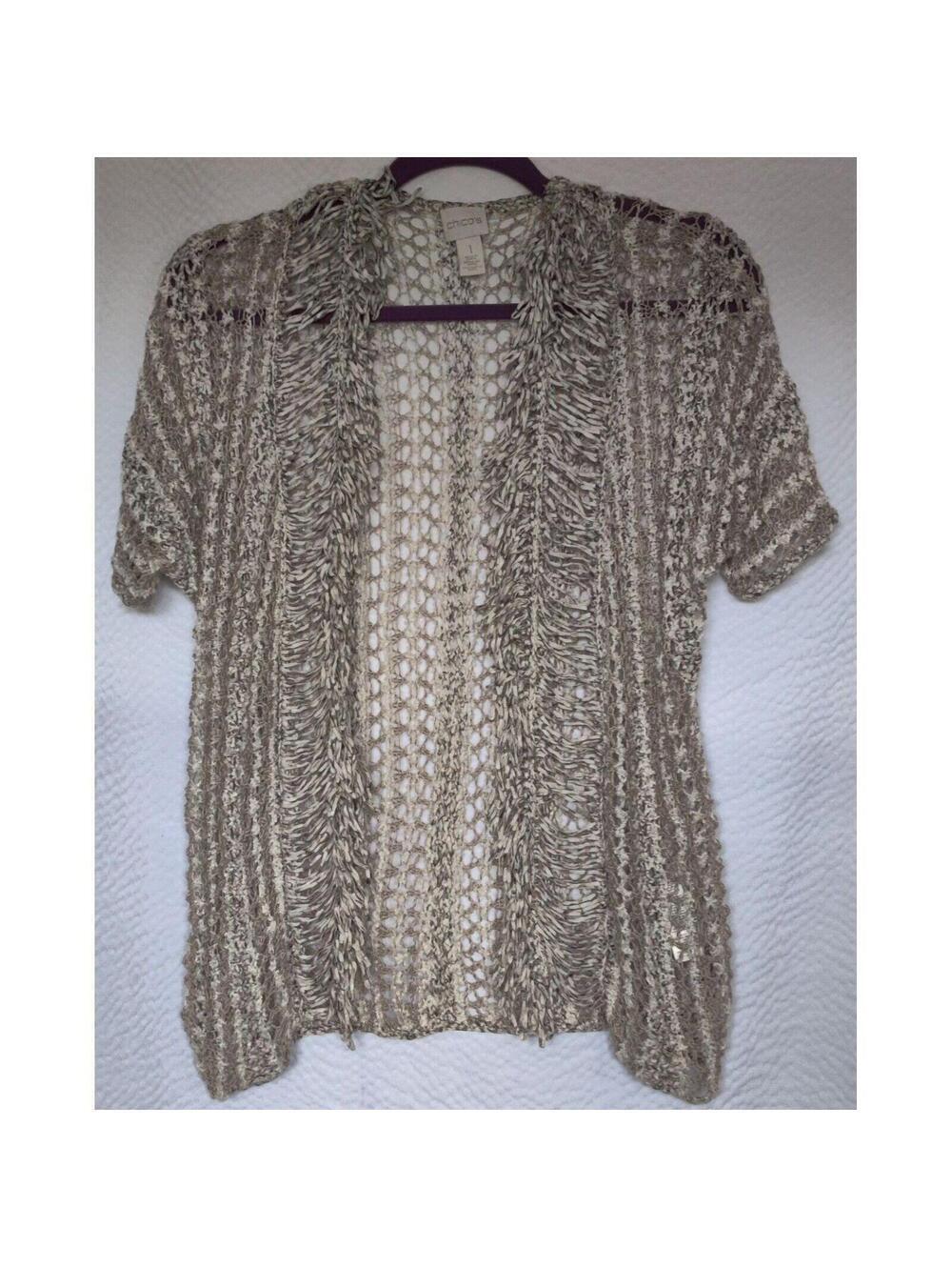 Chico's Open Knit Short Sleeve Cardigan Size 1 Beige